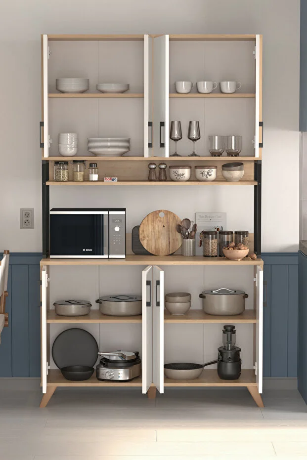 8 Kapaklı Çok Amaçlı Dolap Defne Mutfak Dolabı Erzak Dolabı Kiler Dolabı Safir Meşe Beyaz